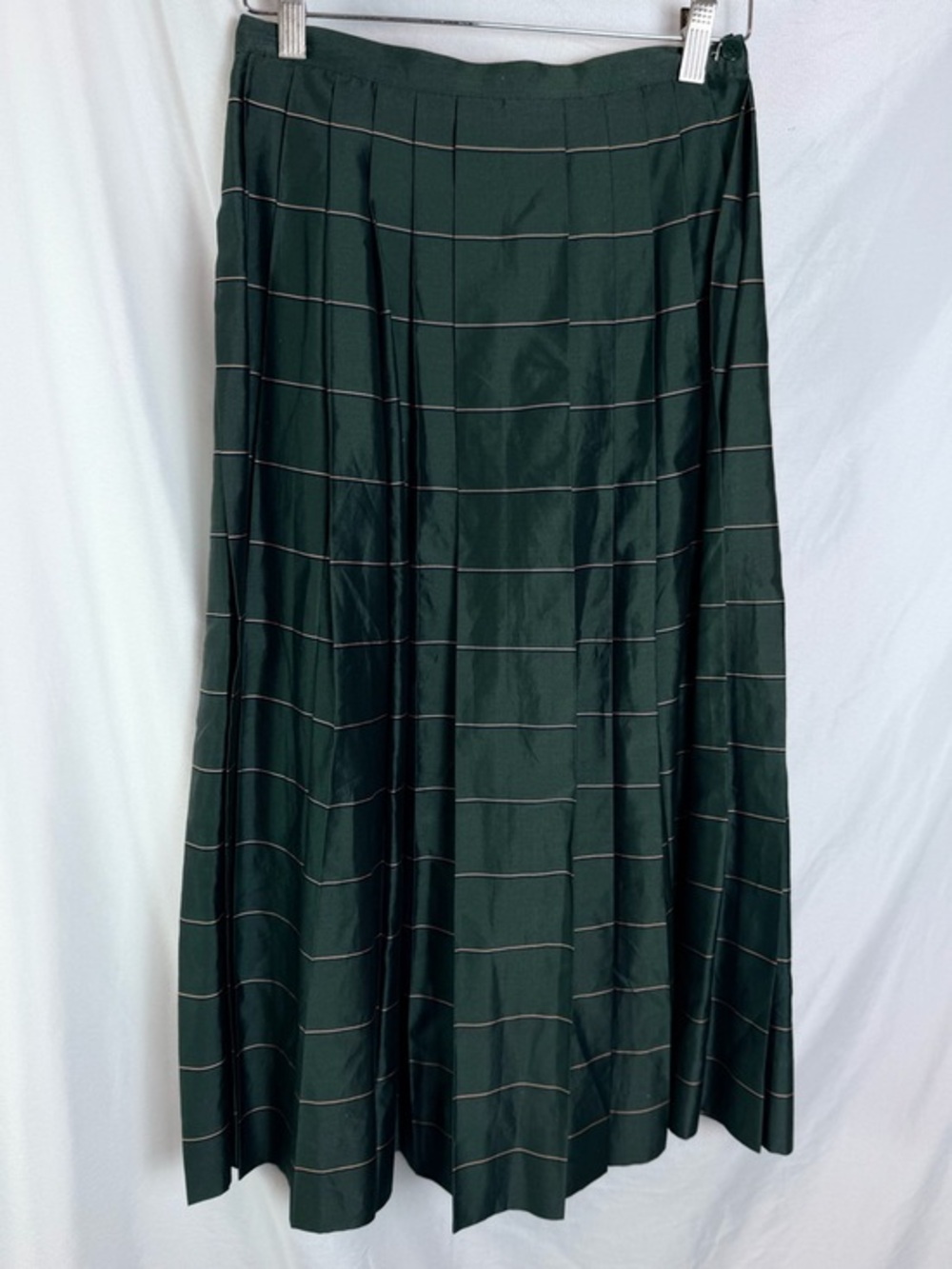 Vintage Perry Ellis Dark Green Pleated Midi Skirt Striped Silk Blend Size 8